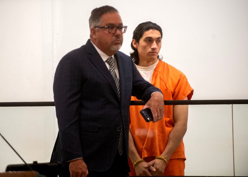 Joshua Martinez, represented by attorney Allen Sawyer, appears in Department 8C of the San Joaquin County Superior Courthouse in downtown Stockton on July 28, 2026.