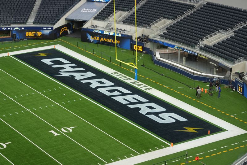 Nov 25, 2024; Inglewood, California, USA; The Los Angeles Chargers logo in the end zone at SoFi Stadium. Mandatory Credit: Kirby Lee-Imagn Images