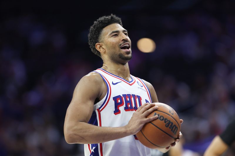 Mar 14, 2026; Philadelphia, Pennsylvania, USA; Philadelphia 76ers guard Quentin Grimes (5) prepares to shoot a foul shot against the Brooklyn Nets during the fourth quarter at Xfinity Mobile Arena. Mandatory Credit: Bill Streicher-Imagn Images