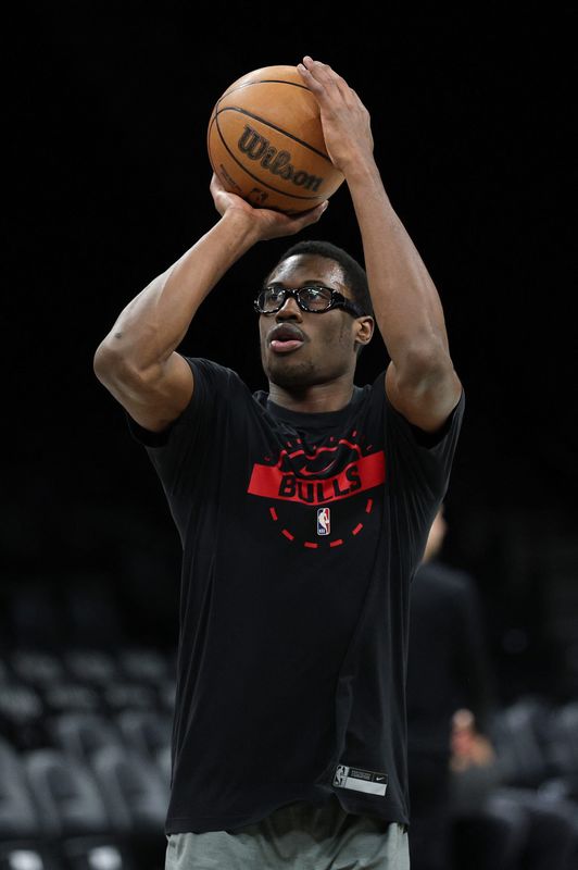 Feb 9, 2026; Brooklyn, New York, USA; Chicago Bulls forward Jalen Smith (25) warms up before the game against the Brooklyn Nets at Barclays Center. Mandatory Credit: Vincent Carchietta-Imagn Images