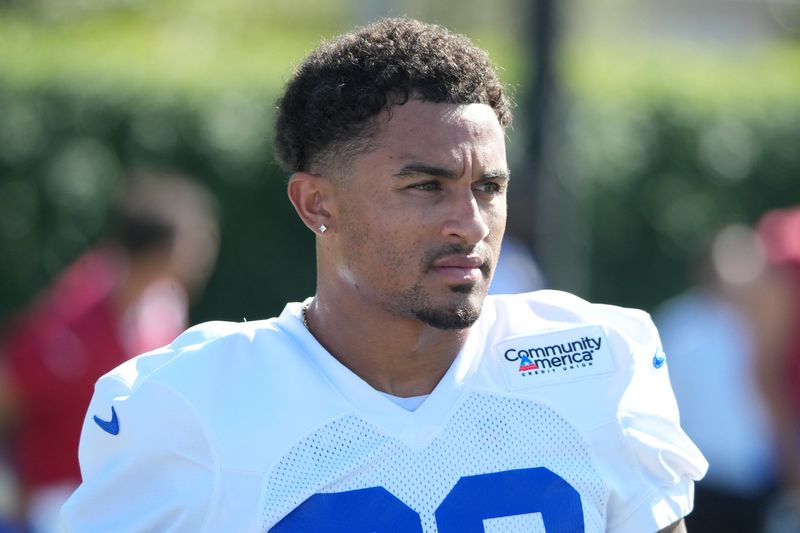Jul 27, 2026; Westchester, CA, USA; Los Angeles Rams cornerback Trent McDuffie (22) during training camp  at Loyola Marymount University. Mandatory Credit: Kirby Lee-Imagn Images