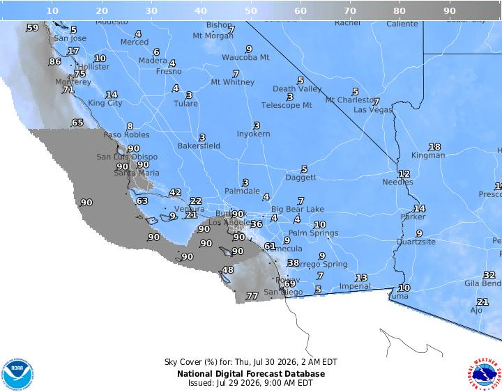 This graphic from the National Weather Service shows the cloud cover forecast for two nights in California when two meteor showers are due to peak.