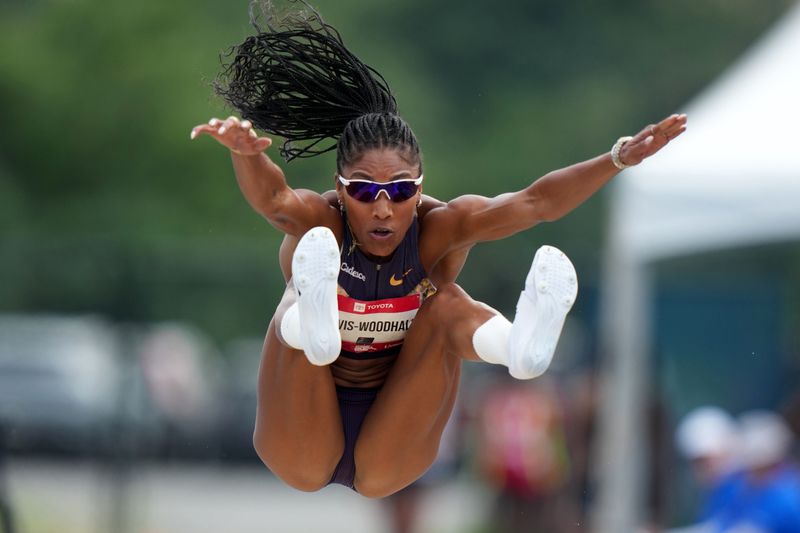 Agoura High graduate Tara Davis-Woodhall soars in the women's long jump during the U.S. Track and Field Championships at Icahn Stadium in New York City on July 26.