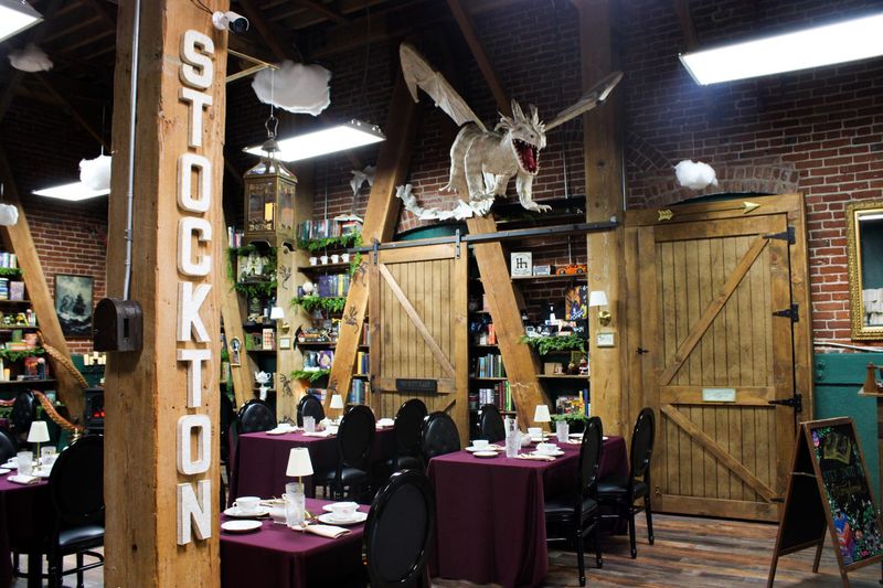 The interior of NovelTea Events and Tea Room features a dragon hanging from the ceiling and the word "Stockton" on a beam in the Waterfront Warehouse on Monday, June 15, 2026.