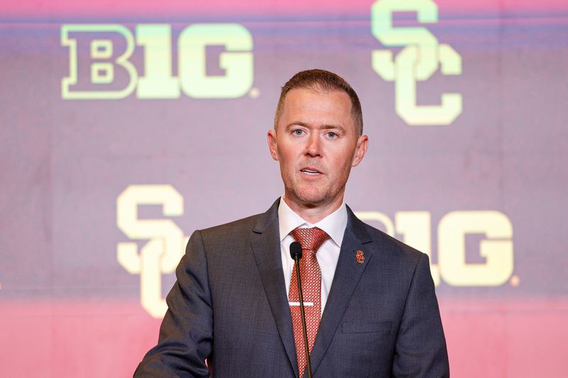Jul 28, 2026; Chicago, IL, USA; USC Football head coach Lincoln Riley speaks during Media Days at Hilton Chicago. Mandatory Credit: Kamil Krzaczynski-Imagn Images