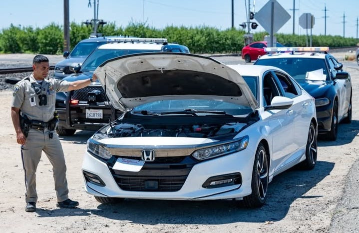 CHP officers recover a stolen vehicle during an enforcement stop after suspects used an online marketplace to fraudulently sell it to unsuspecting buyers.