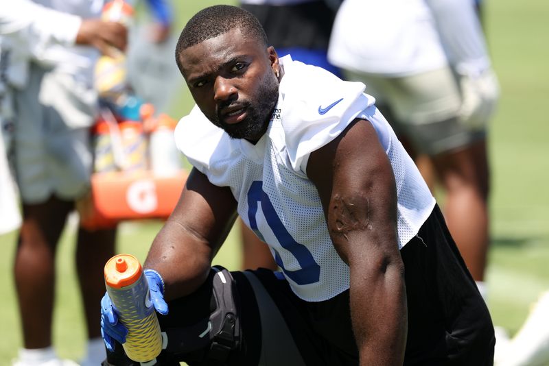 Jul 29, 2026; Los Angeles, CA, USA;  Los Angeles Rams  linebacker Byron Young (0) on the sideline during training camp at Loyola Marymount University. Mandatory Credit: Kiyoshi Mio-Imagn Images