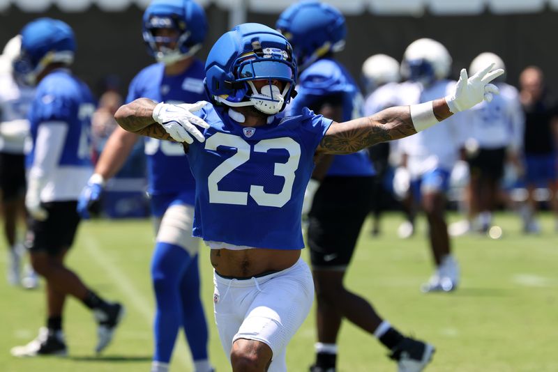 Jul 29, 2026; Los Angeles, CA, USA;  Los Angeles Rams  running back Kyren Williams (23) reacts during training camp at Loyola Marymount University. Mandatory Credit: Kiyoshi Mio-Imagn Images