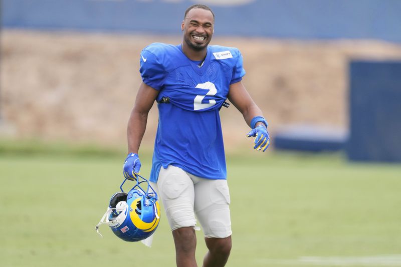 Aug 18, 2021; Thousand Oaks, CA, USA; Los Angeles Rams receiver Robert Woods (2) reacts during a joint practice against the Los Angeles Rams. Mandatory Credit: Kirby Lee-USA TODAY Sports