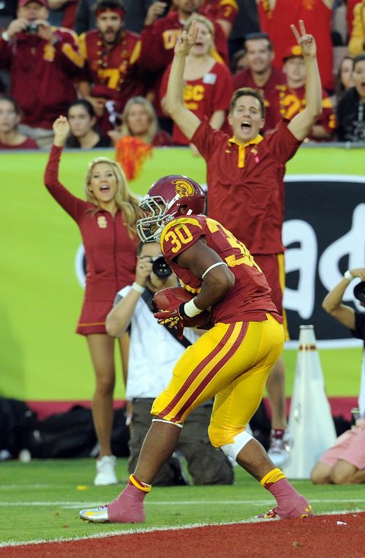 October 20, 2012; Los Angeles, CA, USA;  Southern California Trojans running back D.J. Morgan (30) scores a touchdown in the second half of the game against the Colorado Buffaloes at the Los Angeles Coliseum.  Southern California won 50-6. Mandatory Credit: Jayne Kamin-Oncea-USA TODAY Sports
