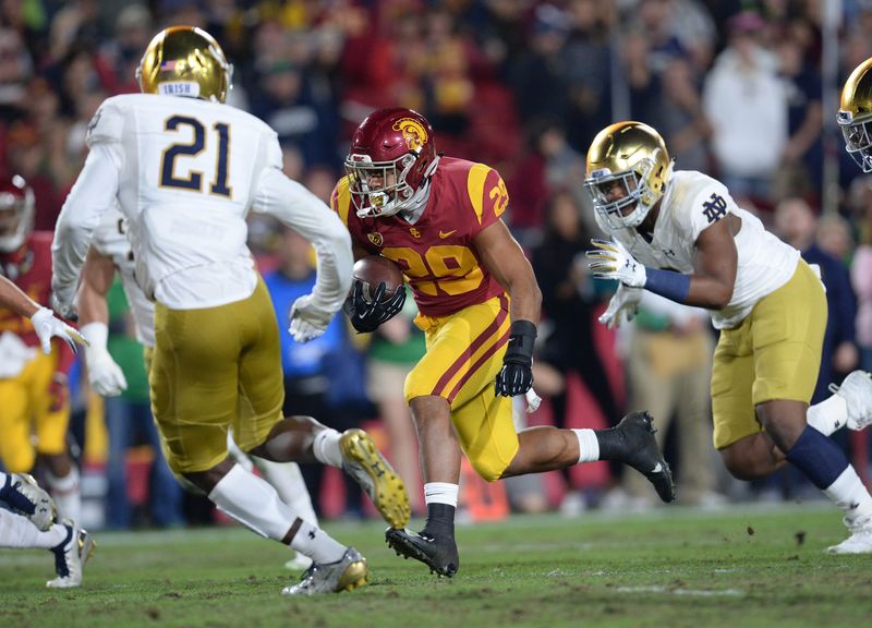 November 24, 2018; Los Angeles, CA, USA; Southern California Trojans running back Vavae Malepeai (29) runs the ball for a touchdown against the Notre Dame Fighting Irish during the first half at the Los Angeles Memorial Coliseum. Mandatory Credit: Gary A. Vasquez-USA TODAY Sports