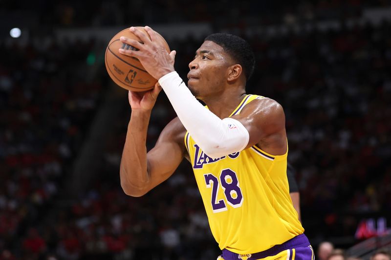 Apr 24, 2026; Houston, Texas, USA; Los Angeles Lakers forward Rui Hachimura (28) shoots the ball during the second half against the Houston Rockets during game three of the first round of the 2026 NBA Playoffs at Toyota Center. Mandatory Credit: Troy Taormina-Imagn Images