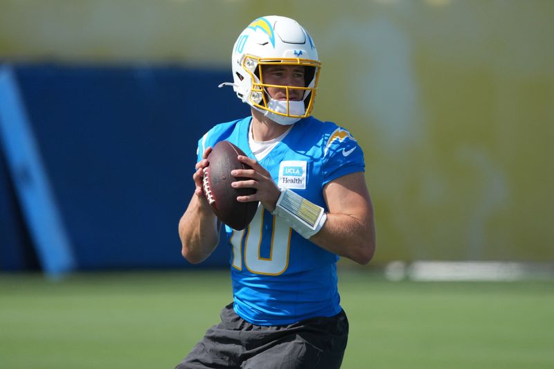 Jul 30, 2026; El Segundo, CA, USA; Los Angeles Chargers quarterback Justin Herbert (10) throws the ball at training camp at The Bolt. Mandatory Credit: Kirby Lee-Imagn Images