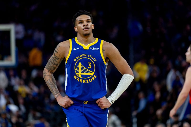 Mar 10, 2026; San Francisco, California, USA; Golden State Warriors guard Will Richard (3) during overtime against the Chicago Bulls at Chase Center. Mandatory Credit: Bob Kupbens-Imagn Images