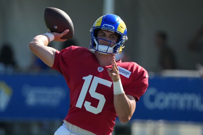 Jul 31, 2026; Westchester California USA; Los Angeles Rams quarterback Ty Simpson (15) throws the ball at training camp at Loyola Marymount University. Mandatory Credit: Kirby Lee-Imagn Images