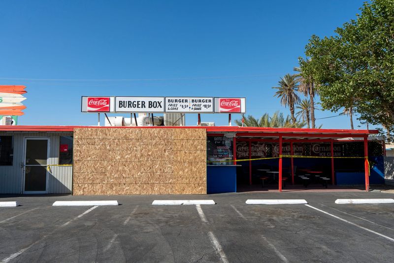 Burger Box is temporarily closed for repairs after the building was damaged by a moving vehicle as seen in Indio, Calif., on August 3, 2026.