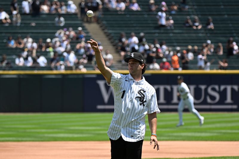 Jul 12, 2026; Chicago, Illinois, USA;  Chicago White Sox number one draft pick  Roch Cholowsky throws out a ceremonial first pitch at Rate Field before the team’s game against the Athletics. Mandatory Credit: Matt Marton-Imagn Images