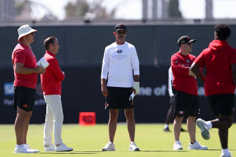 Aug 3, 2026; San Francisco, CA, USA; San Francisco 49ers head coach Kyle Shanahan during training camp at Levi's Stadium. Mandatory Credit: Sergio Estrada-Imagn Images