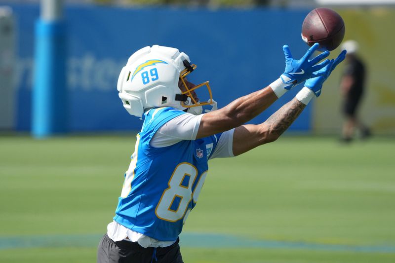 Jul 30, 2026; El Segundo, CA, USA; Los Angeles Chargers receiver Brenen Thompson (89) catches the ball at training camp at The Bolt. Mandatory Credit: Kirby Lee-Imagn Images
