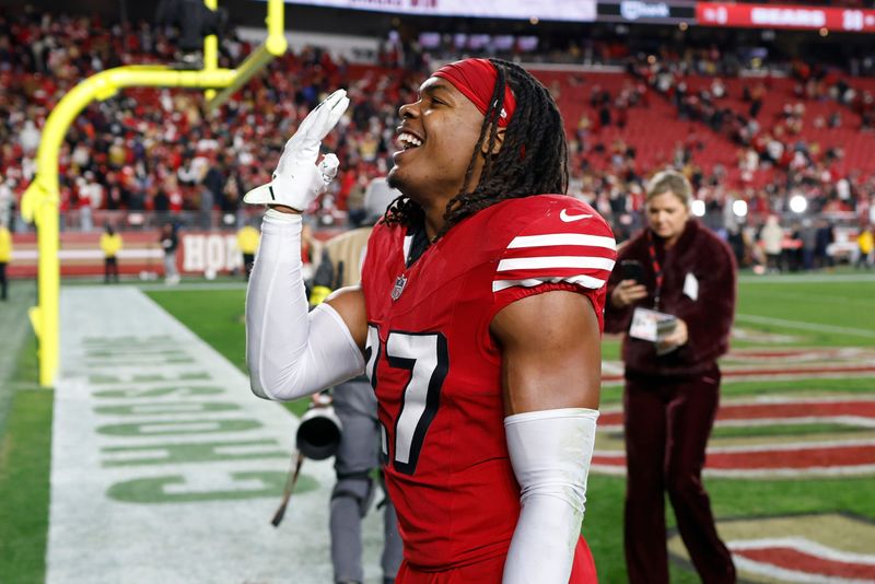 Dec 28, 2025; Santa Clara, California, USA;  San Francisco 49ers safety Ji'Ayir Brown (27) celebrates after the game against the Chicago Bears at Levi's Stadium. Mandatory Credit: Sergio Estrada-Imagn Images