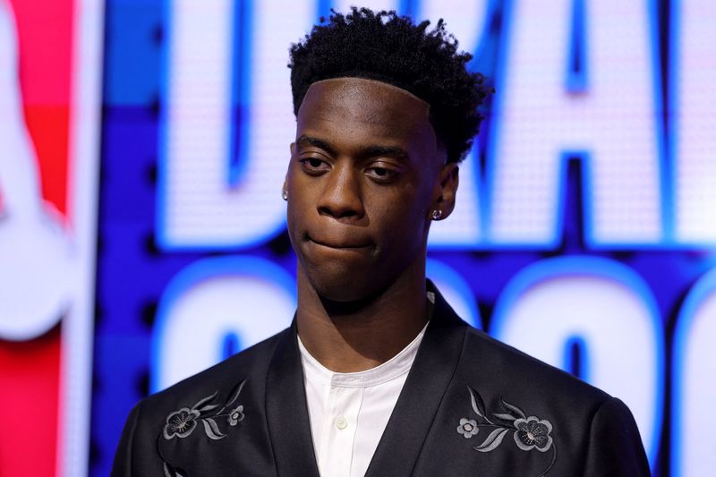 Jun 23, 2026; New York, NY, USA; Draft prospect AJ Dybantsa poses for photos on the red carpet before the 2026 NBA draft at Barclays Center. Mandatory Credit: Brad Penner-Imagn Images