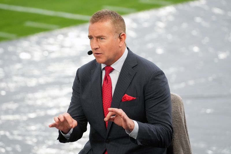 Jan 1, 2026; Pasadena, CA, USA; Kirk Herbstreit on the ESPN College Gameday set during the 2026 Rose Bowl and quarterfinal game of the College Football Playoff at Rose Bowl Stadium. Mandatory Credit: Kirby Lee-Imagn Images