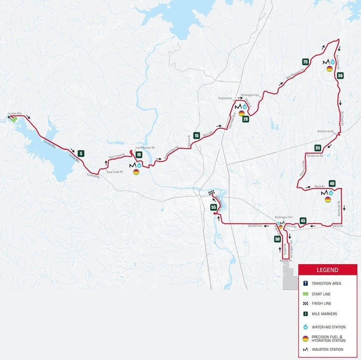 This map shows the route of the 2026 IRONMAN in the Redding area, from Whiskeytown to the west of the city, to the north and then east near Bella Vista, followed by the final leg into downtown Redding.