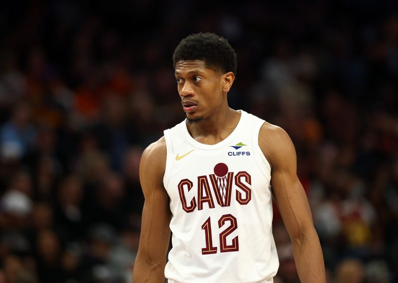 Jan 30, 2026; Phoenix, Arizona, USA; Cleveland Cavaliers forward De'Andre Hunter (12) against the Phoenix Suns at Mortgage Matchup Center. Mandatory Credit: Mark J. Rebilas-Imagn Images