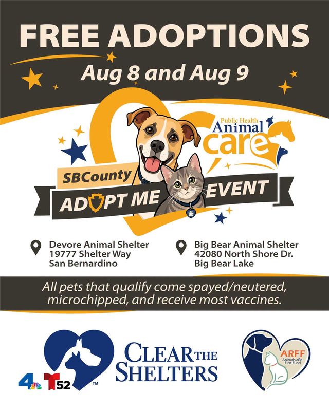The 12th annual Clear the Shelters campaign is coming to San Bernardino County’s Big Bear and Devore animal shelters in August. 