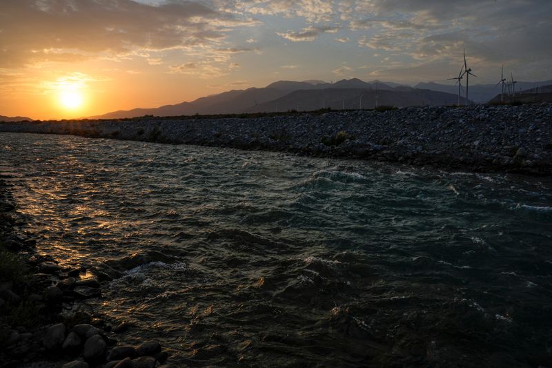 Colorado River water flows toward the Whitewater River Groundwater Replenishment Facility in Palm Springs. Water percolates underground at the facility and recharges the aquifer for the Coachella Valley.
