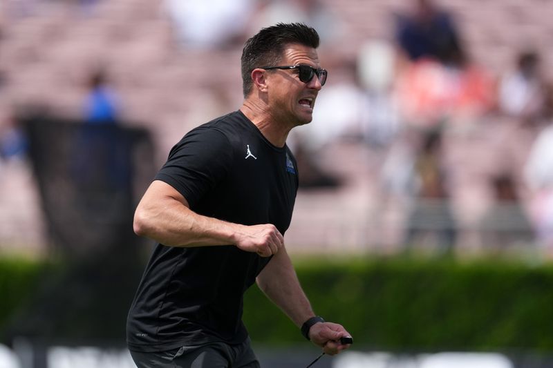 May 2, 2026; Pasadena, CA, USA; UCLA Bruins coach Bob Chesney reacts during the spring game at Rose Bowl. Mandatory Credit: Kirby Lee-Imagn Images