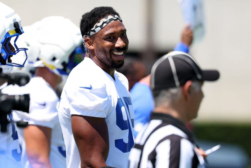 Jul 29, 2026; Los Angeles, CA, USA;  Los Angeles Rams  defensive end Garrett Myles (95) smiles during training camp at Loyola Marymount University. Mandatory Credit: Kiyoshi Mio-Imagn Images