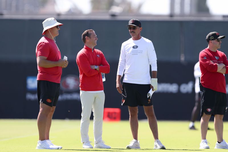 Aug 3, 2026; San Francisco, CA, USA; San Francisco 49ers head coach Kyle Shanahan during training camp at Levi's Stadium. Mandatory Credit: Sergio Estrada-Imagn Images