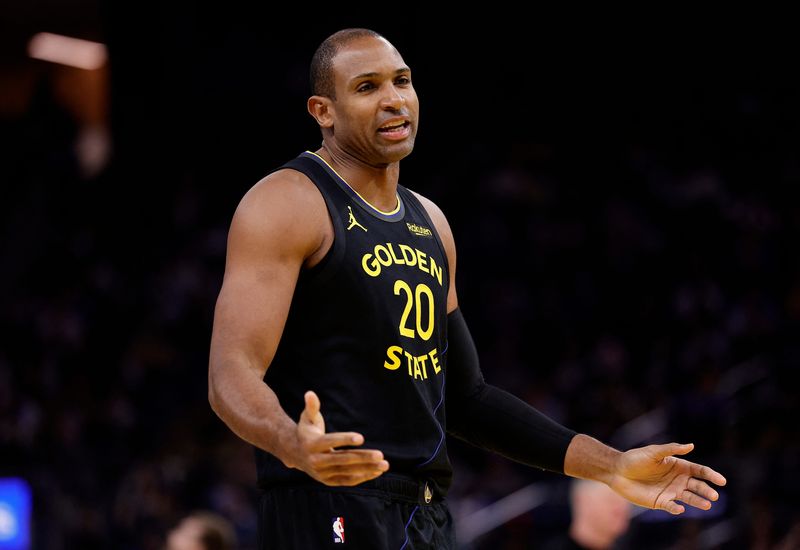 Jan 19, 2026; San Francisco, California, USA; Golden State Warriors center Al Horford (20) speaks to the referee after a play against the Miami Heat during the third quarter at Chase Center. Mandatory Credit: Kelley L Cox-Imagn Images