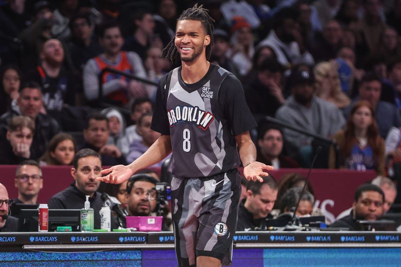 Feb 26, 2025; Brooklyn, New York, USA;  Brooklyn Nets forward Ziaire Williams (8) reacts after getting called for a foul in the fourth quarter against the Oklahoma City Thunder at Barclays Center. Mandatory Credit: Wendell Cruz-Imagn Images