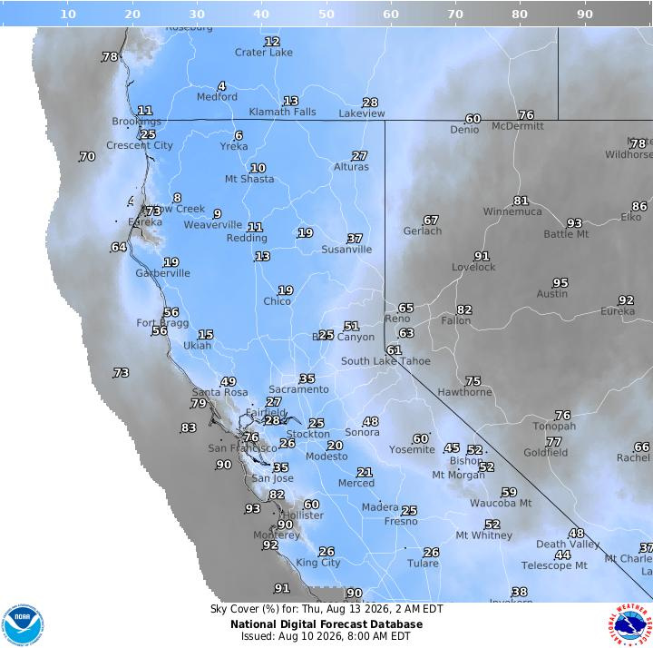 This graphic from the National Weather Service shows the forecast for cloud cover overnight Aug. 12-13 in Northern California during the peak of the Perseid meteor shower.