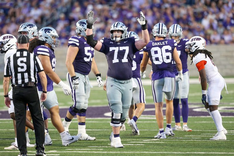 Aug 31, 2024; Manhattan, Kansas, USA; Kansas State Wildcats offensive lineman Carver Willis (77) celebrates a field goal during the third quarter against the Tennessee-Martin Skyhawks at Bill Snyder Family Football Stadium. Mandatory Credit: Scott Sewell-USA TODAY Sports