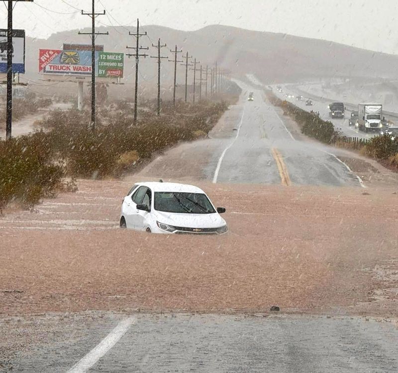 A powerful thunderstorm rolled through Barstow on Tuesday, August 11, 2026, bringing strong winds and heavy rain that flooded streets and a portion of Interstate 15.