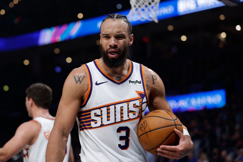Apr 22, 2026; Oklahoma City, Oklahoma, USA; Phoenix Suns forward Dillon Brooks (3) reacts after a play against the Oklahoma City Thunder in the second half during game two of the first round of the 2026 NBA Playoffs at Paycom Center. Mandatory Credit: Alonzo Adams-Imagn Images
