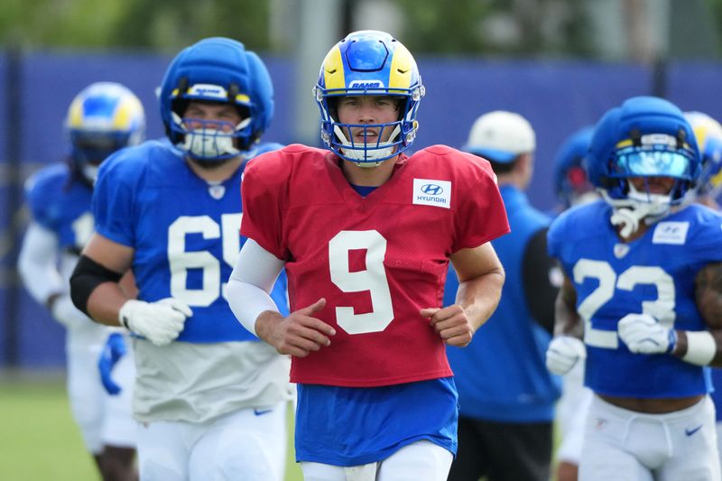 Aug 11, 2026; Woodland Hills, CA, USA; Los Angeles Rams quarterback Matthew Stafford (9) during a joint practice against the Dallas Cowboys at the Rams Practice Facility. Mandatory Credit: Kirby Lee-Imagn Images