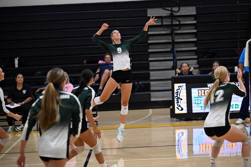 Thousand Oaks High's Halle Bryce goes for the kill during the Lancers' season-opening win over Ventura on Tuesday, Aug. 11, 2026, at Ventura High.
