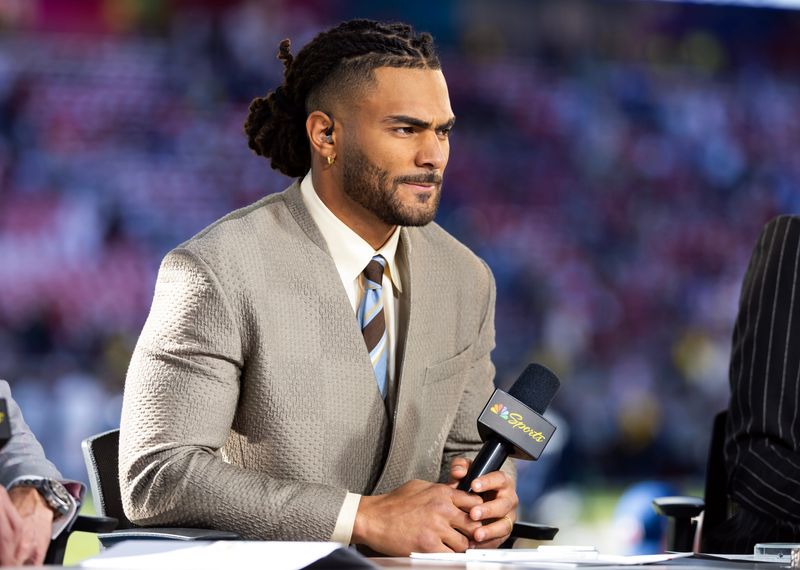 Feb 8, 2026; Santa Clara, CA, USA; NBC Sports analyst Fred Warner prior to the New England Patriots game against the Seattle Seahawks in Super Bowl LX at Levi's Stadium. Mandatory Credit: Mark J. Rebilas-Imagn Images