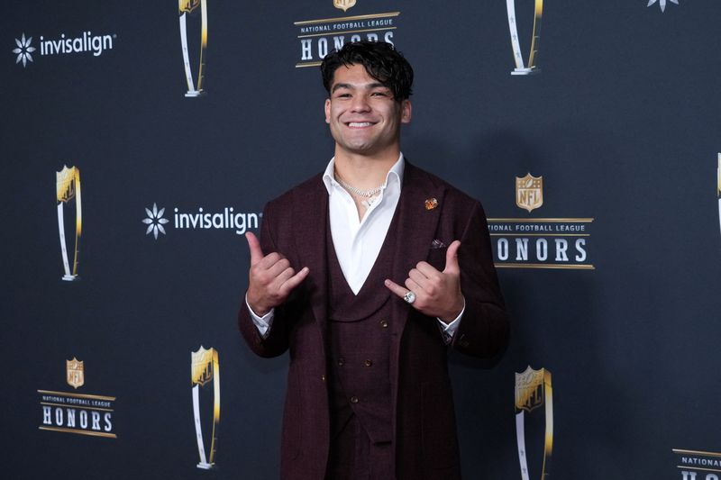 Feb 5, 2026; San Francisco, CA, USA; Los Angeles Rams receiver Puka Nacua poses on the NFL Honors Red Carpet before Super Bowl LX at Palace of Fine Arts. Mandatory Credit: Kirby Lee-Imagn Images