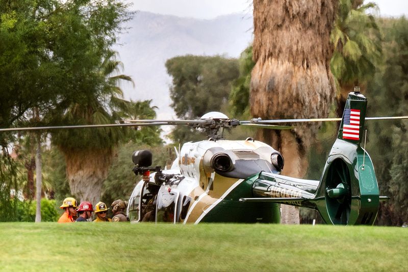 A Riverside Sheriff's Department helicopter lands at The O'Donnell Golf Club in Palm Springs after rescuing a dehydrated hiker on the Museum Trail near the Palm Springs Art Museum on Wednesday, Aug. 12, 2026.
