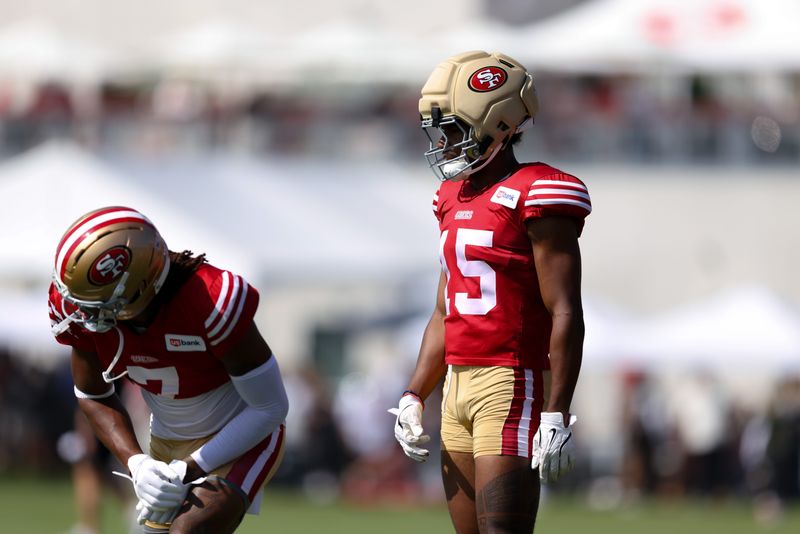 Aug 6, 2026; Santa Clara, CA, USA; San Francisco 49ers wide receiver De'Zhaun Stribling (15) during training camp at SAP Performance Facility. Mandatory Credit: Sergio Estrada-Imagn Images