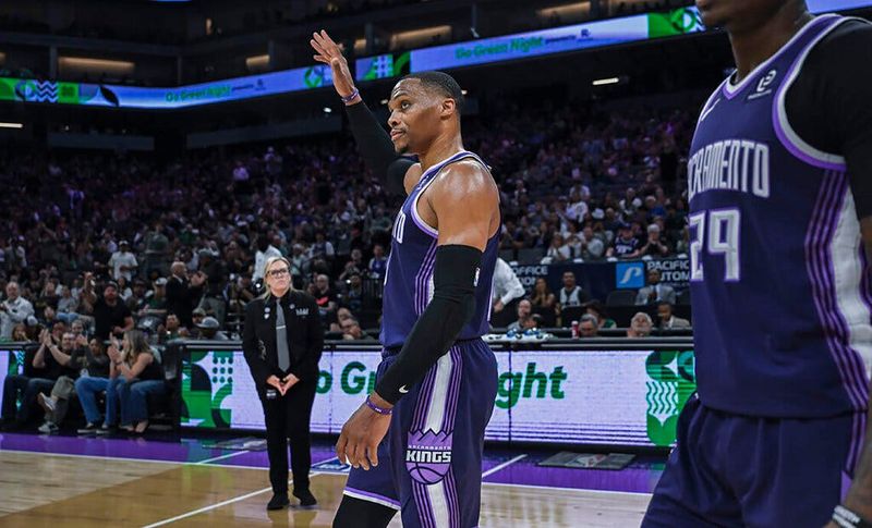 Sacramento Kings guard Russell Westbrook (18) celebrates becoming the fifth place leader in assist during a NBA game at Golden 1 Center on Tuesday, March 17, 2026.