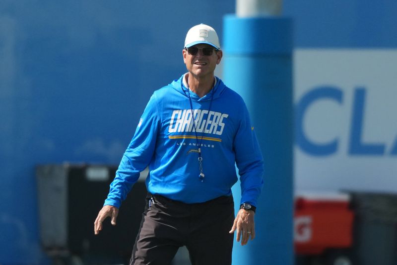 Jul 30, 2026; El Segundo, CA, USA; Los Angeles Chargers coach Jim Harbaugh at training camp at The Bolt. Mandatory Credit: Kirby Lee-Imagn Images