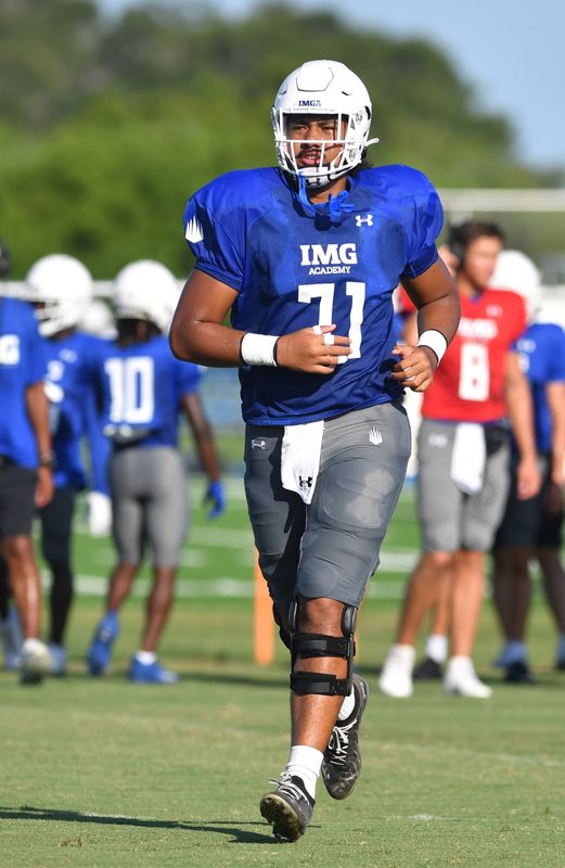 Offensive lineman Pepe Keenyi (#71) during practice on Friday, Aug. 2, 2024 on IMG Academy Football Media Day in Bradenton, Florida.