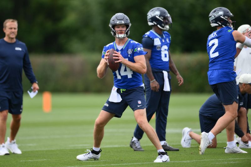 Jul 25, 2026; Renton, WA, USA; Seattle Seahawks quarterback Sam Darnold (14) during the first training camp at Virginia Mason Athletic Center. Mandatory Credit: Steven Bisig-Imagn Images