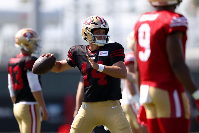 Aug 6, 2026; Santa Clara, CA, USA; San Francisco 49ers quarterback Kurtis Rourke (14) during training camp at SAP Performance Facility. Mandatory Credit: Sergio Estrada-Imagn Images